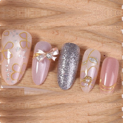pink bow silver glitter gold floral press-on nails wholesale