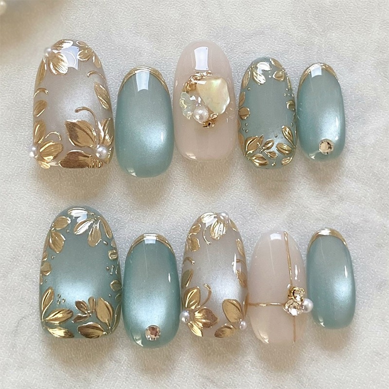 mint sage jade gold leaf press-on nails wholesale