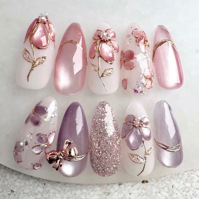 rose gold floral pink lilac press-on nails wholesale